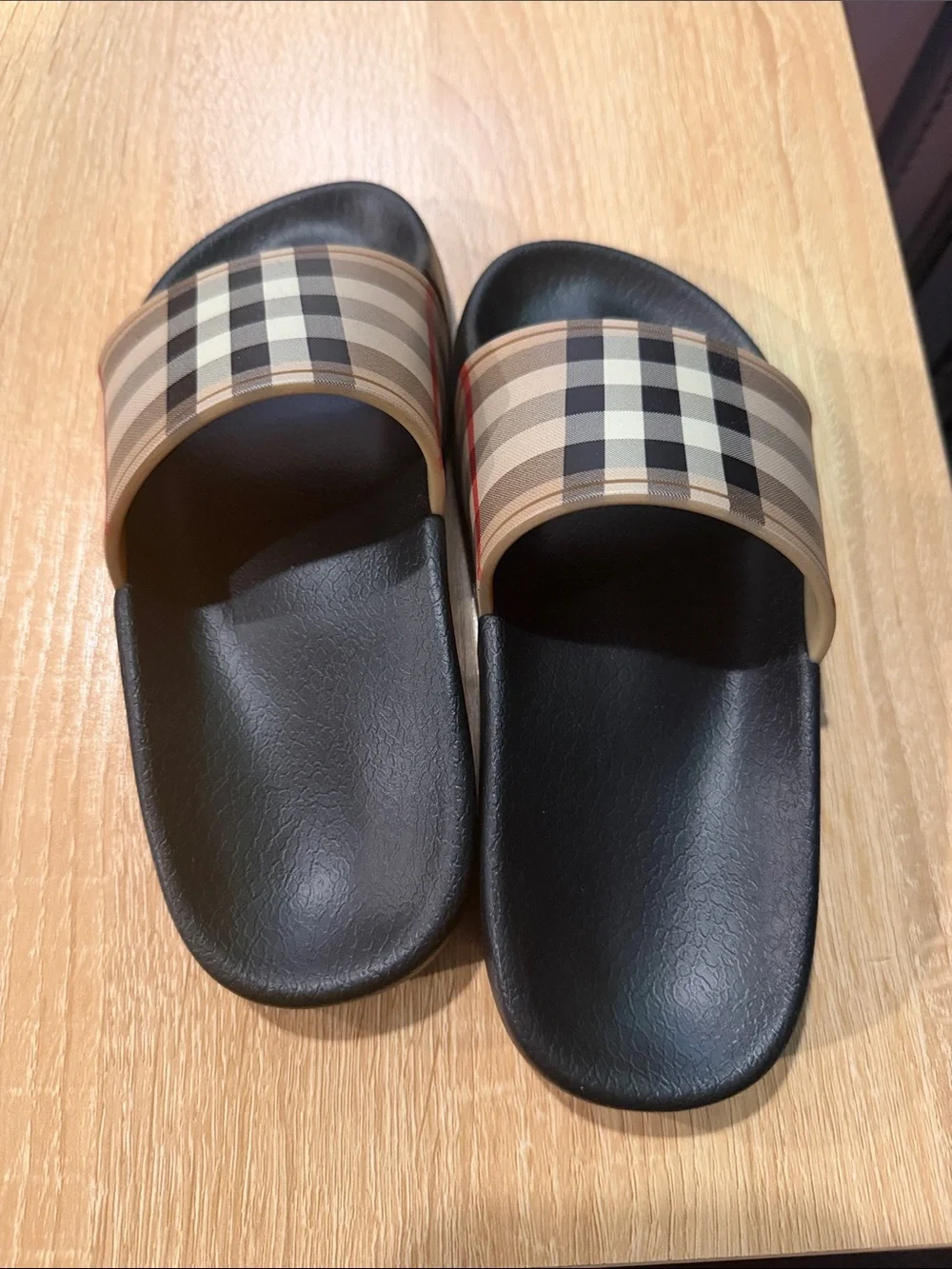 Burberry Black Slides with Signature Beige Check Strap